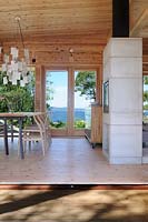 Pine flooring in open plan cabin