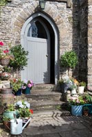Colourful plants around cottage door