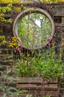 Mirror and wooden crate planted with wildflowers