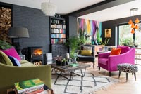 Colourful seating area with fireplace