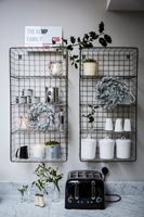 Metal kitchen shelves with christmas decorations