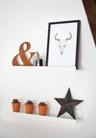 Shelf with ornaments and small pots with cactus 