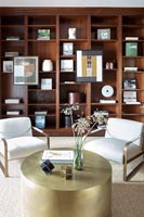 Modern living room with wooden bookcase