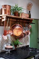 Copper pots in country kitchen 