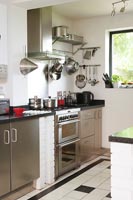 Stainless steel cupboards and appliances in modern kitchen 