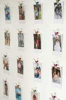 Family photographs clipped to wall with small bulldog clips 