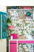 Tiny office with tropical design wallpaper 