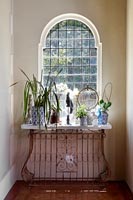 Sideboard filled with houseplants in front of classic arched window 