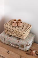 Detail of baby shoes on tiny suitcase