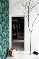 Large bare tree branch in white bedroom next to doorway to dressing room 