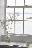 Wildflowers in vase on windowsill with coastal views 