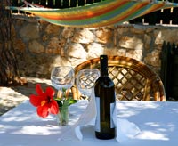 Tablecloth and bottle of wine on small garden table shaded by trees with hammock 