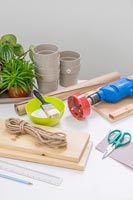 Tools and materials for making an indoor hanging plant shelf