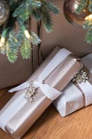 Detail of wrapped Christmas gifts 
