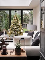 Christmas tree next to patio doors in modern living room 