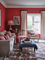 Colourful eclectic living room - pet dog on sofa 