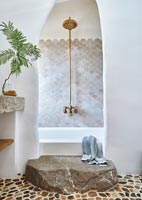 Stone step leading to bath with shower 