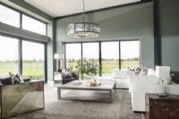 Modern living room with views to countryside thorugh patio doors