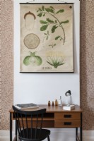 Botanic painting above old school desk used as dressing table