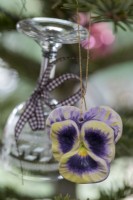 Close up of christmas decorations, 'pansy' ornament for the christmas tree