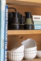Detail of shelves, with old binoculars and books