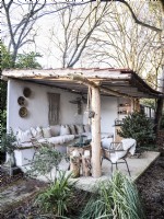 Rustic outdoor lounge area in muted tones