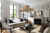 Modern living room with display of artwork and crittall windows