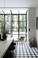 Contemporary monochrome dining room with crittall doors to garden