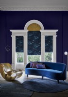 Dark blue opulent living room with roman blinds