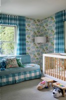 Modern childrens room in blue and white colours.