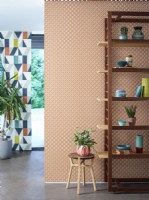 Shelving in front of modern wallpapered walls