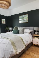 Modern bedroom with dark green painted walls 