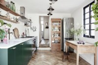 Retro Kitchen with green cupboard doors and stainless steel fittings. 