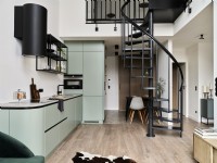 Modern open plan apartment, kitchen dining room, mezzanine and living room