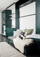 Built-in sofa in compact green and white modern kitchen