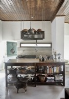 Pet cat in country kitchen with large wooden island