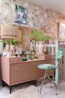 Pink painted dressing table and mirror decorated with gold motif and gold handles