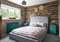 Wooden feature wall in eclectic bedroom