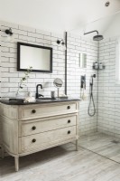 Distressed unit in classic style modern bathroom with shower cubicle