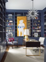 Contemporay office with blue laquered book shelves and modern glass light fixture