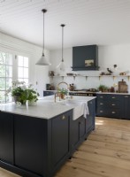 Dark blue cabinets and stripped wooden flooring in modern kitchen