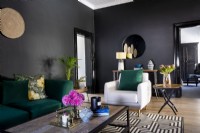 Living room with black walls, geometric rug and green sofa