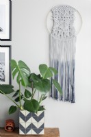 Hanging macrame art with monochrome potted plant