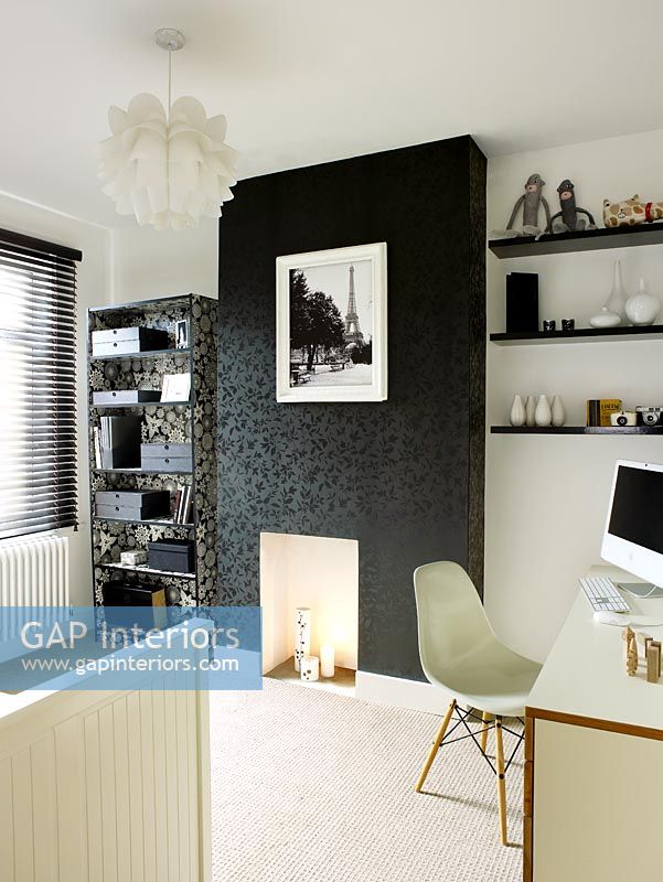 Contemporary home office and guest bedroom wallpapered chimney breast