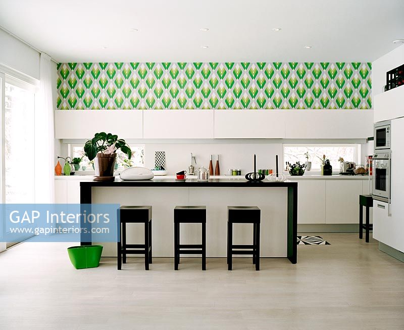 Modern kitchen with retro wallpaper