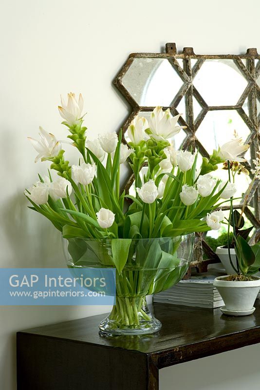 White tulips and gingers in glass vase
