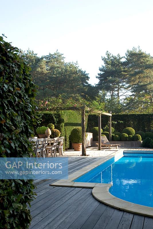 Swimming pool with outdoor dining table beside