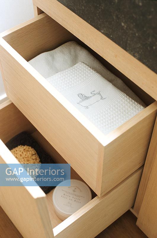 Open drawers in a bathroom cabinet