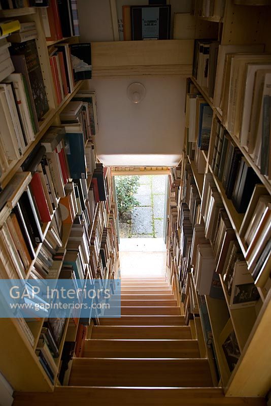 Staircase lined with bookshelves
