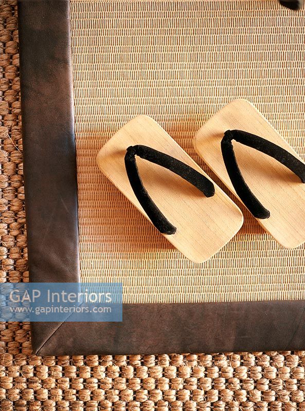 Footwear on door mat, close-up